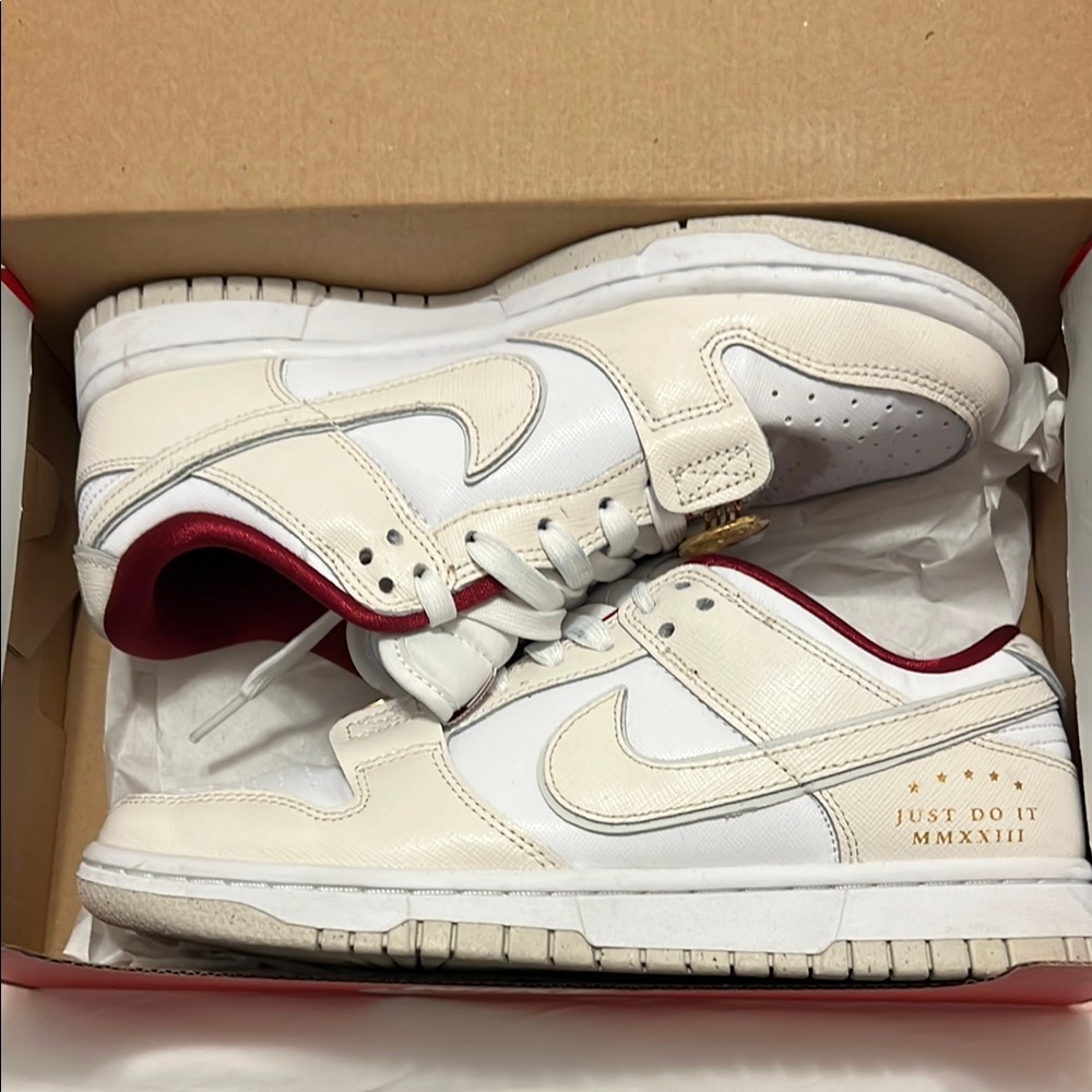 Nike White and Red Dunks with Gold Accents